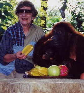 Woman holding piece of fruit next to orangutan in front of bowl of fruit 